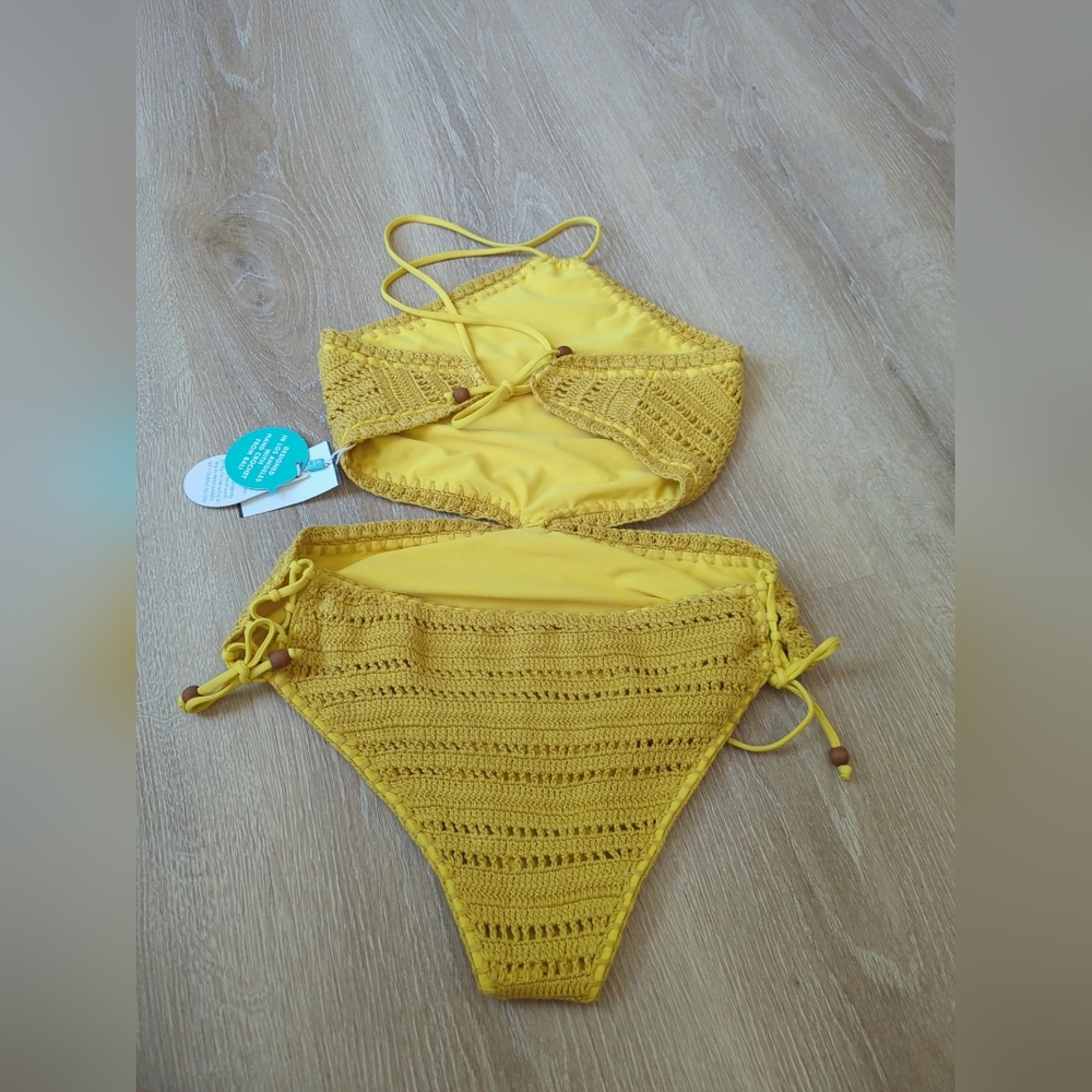 WET Lane Saffron Crochet Cutout Mustard Yellow Swimsuit One Piece XS, S $198 - Picture 4 of 8